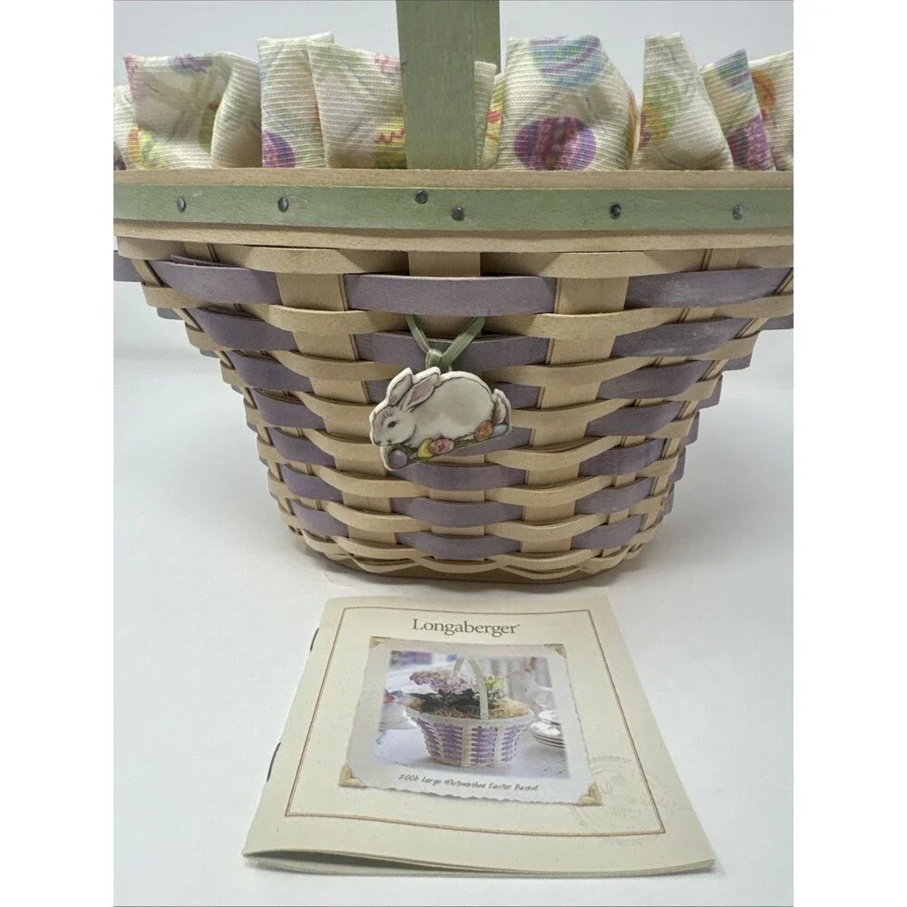 Longaberger 2004 Whitewash Easter Basket + Protector Set, Liner, Bunny Tie On